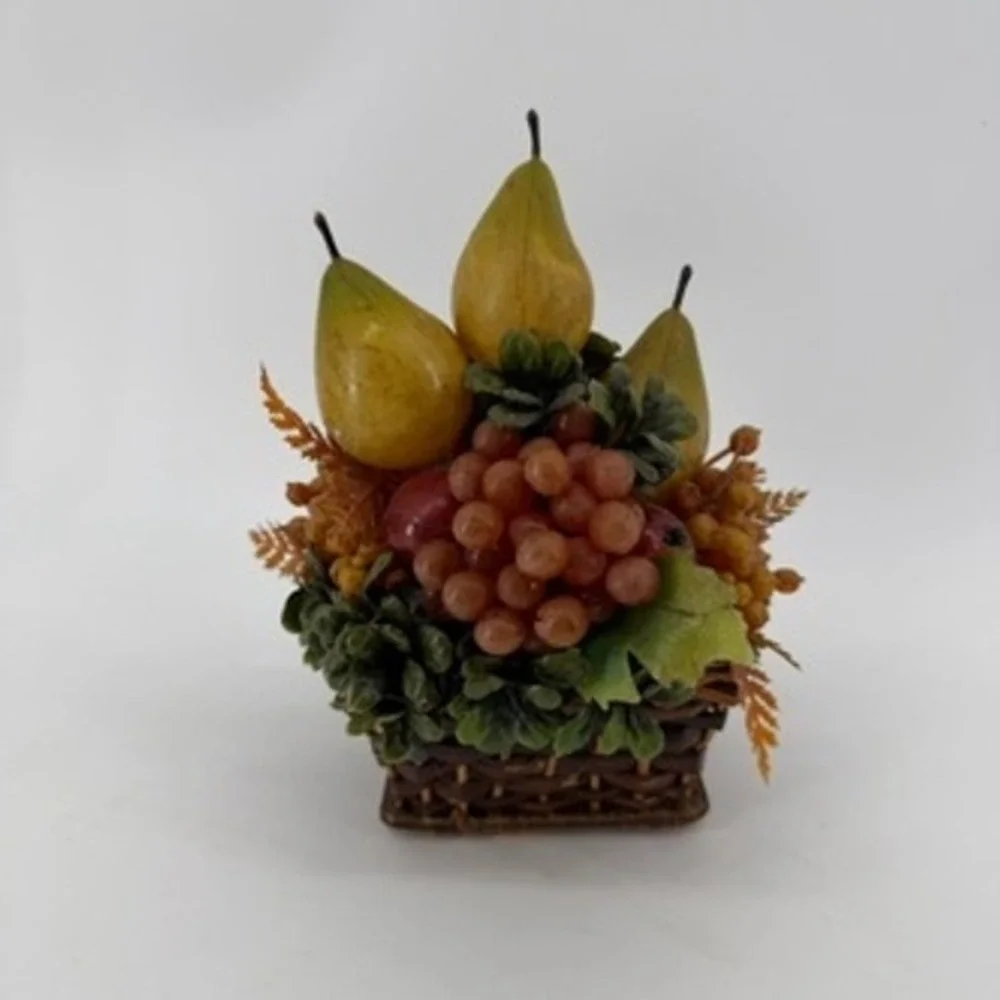 Faux Fruit Harvest Basket Arrangement Pears Grapes Berries Fall Decor 7.5in